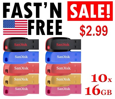 LOT 10 x SanDisk 16GB Cruzer BLADE USB Flash Pen Drive 16 GB SDCZ50-016G
