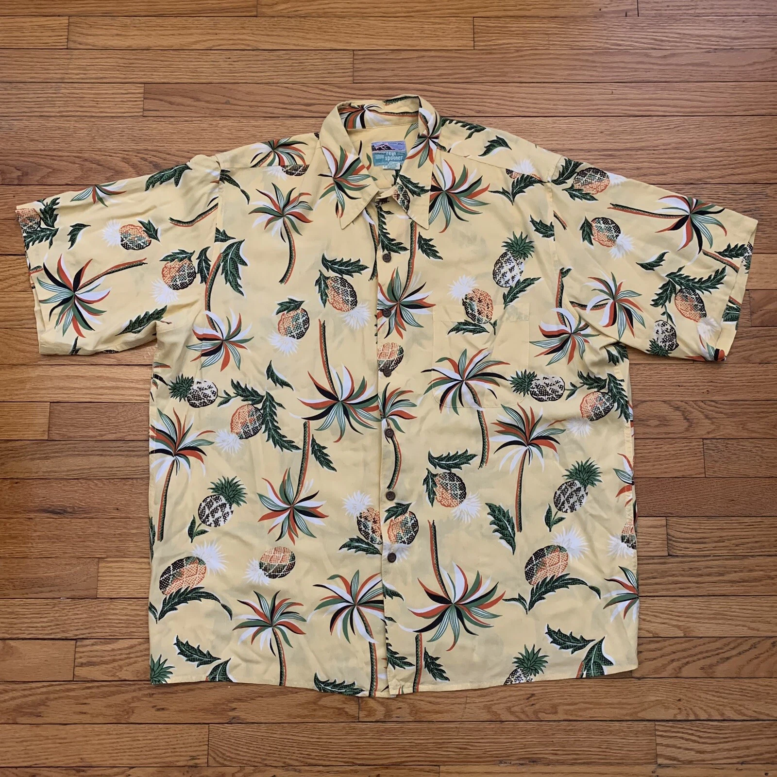 Reyn Spooner Pineapple Palm Tree Hawaiian Shirt Size XL Men Rayon
