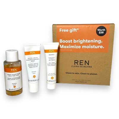 Ren Clean Skincare Glow Daily Vitamin C Gel Cream Glycol Latic Masque Tonic Set