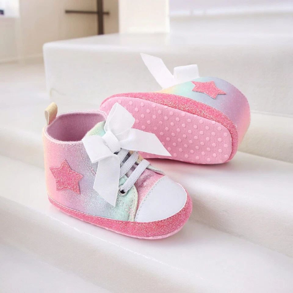 女宝宝高帮鞋,蹒跚学步的星星蝴蝶结可爱运动鞋宝宝 — 第 3/4 张图片