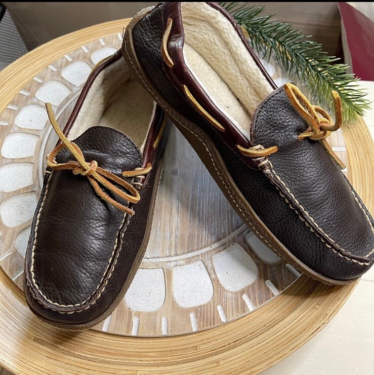 SAOLA Ciabatte uomo LL Bean pelle doppia suola taglia 9 mocassino foderato shearling marrone