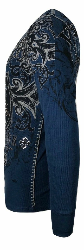 Affliction Mens Thermal Cross Skull Wings Distressed Long Sleeve T Shirt S Read
