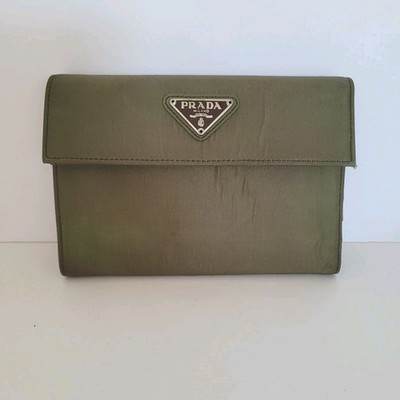 PRADA Tessuto Khaki Green Nylon Leather Logo Plate Wallet Medium Envelope Medium