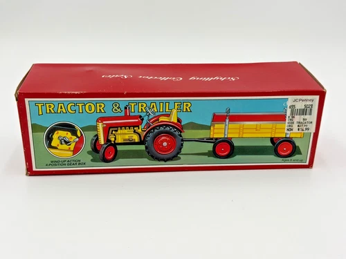 NEW SCHYLLING TRACTOR AND TRAILER KEY WIND TIN TOY WITH BOX VINTAGE