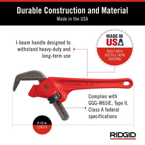 31305 Model E-110 9.5" Offset Hex Jaw Pipe Wrench, Red, Made in The USA - Picture 6 of 9