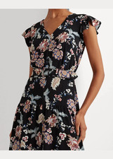 Lauren Ralph Lauren Women's Size 6 Black Floral Belted Crepe Midi Dress