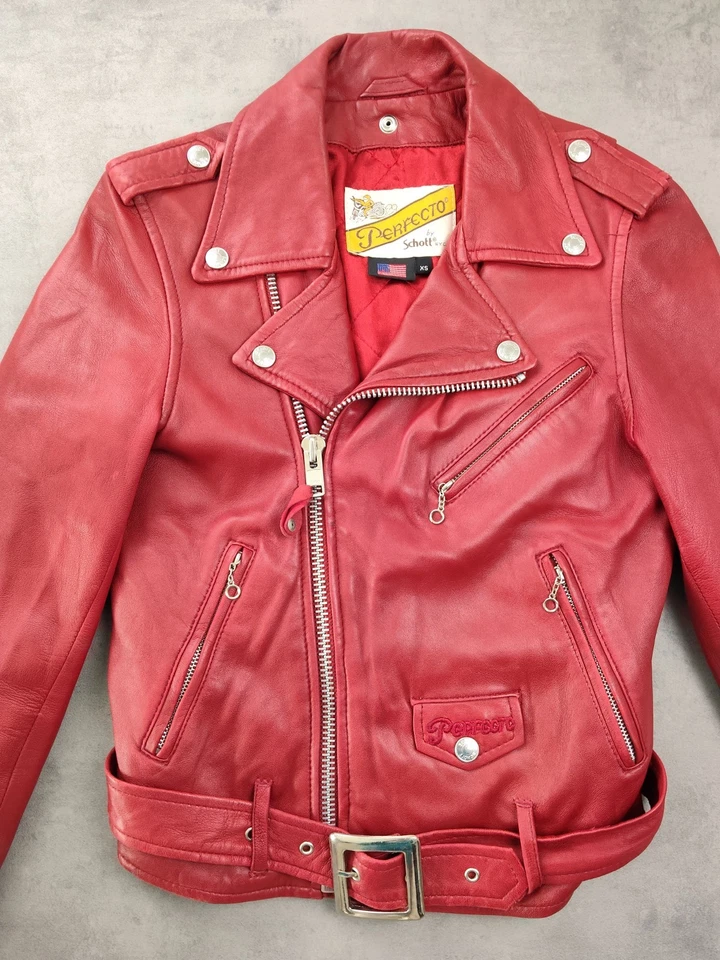 Chaqueta perfecta de cuero de cordero Schott NYC auténtica chaqueta de cuero rojo de motocicleta - Imagen 2 de 4