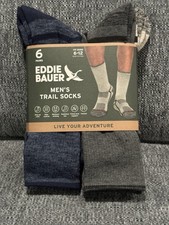 NWT Men  s 6 pack Eddie Bauer Men  s Trail Socks Blue  Gray Sz 6-12 7083-90