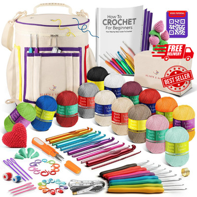 Beginner Crochet Kit with Yarn, Hooks, Bag, and Video Tutorials for All Ages