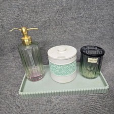 Art House Sage Green Glass Ceramic Bathroom Vanity Set Soap Dispenser Tray 4pc