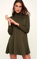 LULUS Olive Green Sz Medium Stretchy Sway, Girl, Sway! Turtleneck Swing Dress