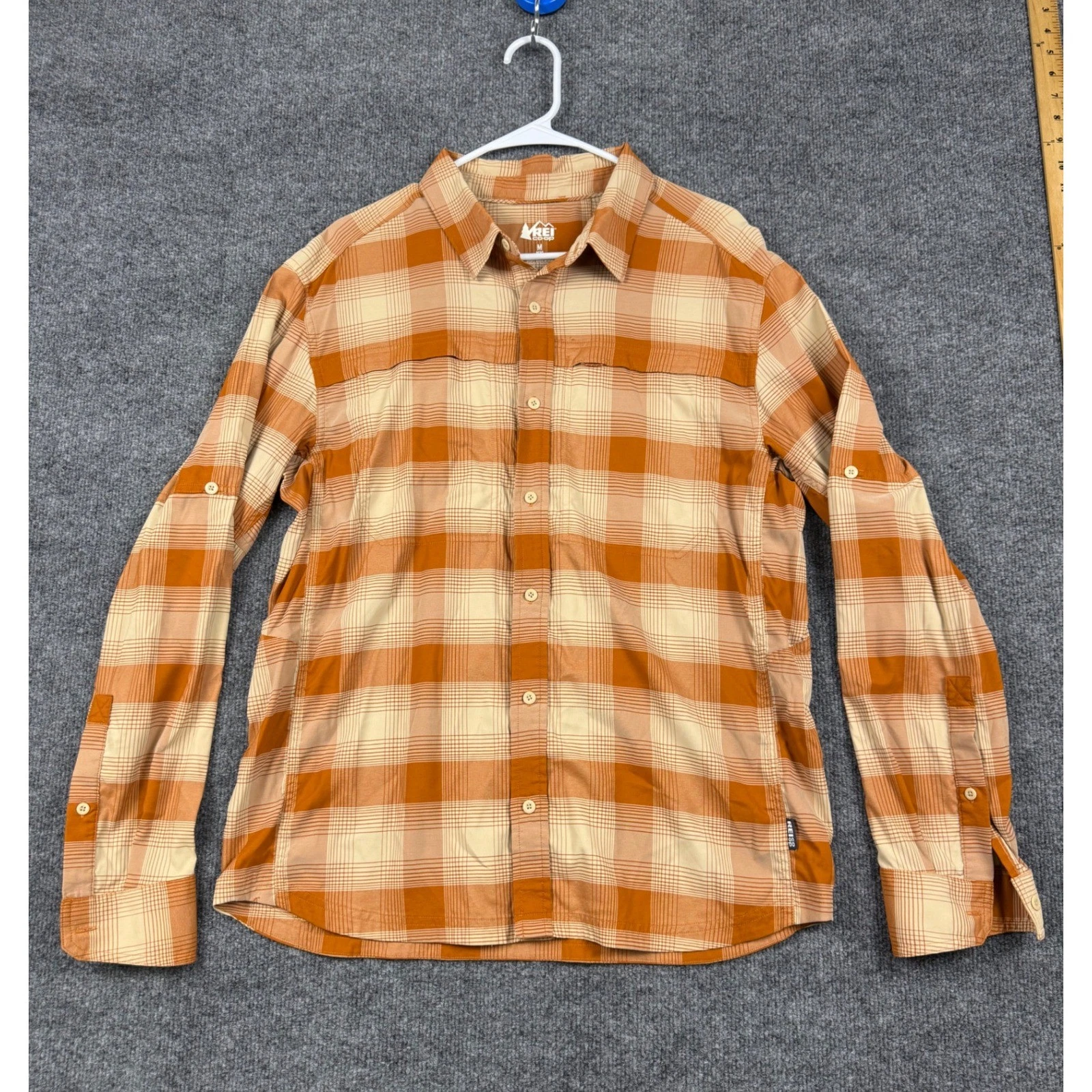 REI Co-op Mens Orange Plaid Long Sleeve Roll Tab Button Down Hiking Shirt Size M