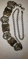 VTG 80'S ORNATE CRYSTAL RHINESTONE BURNISHED BRASS TILE ABALONE HINGED LINK BELT