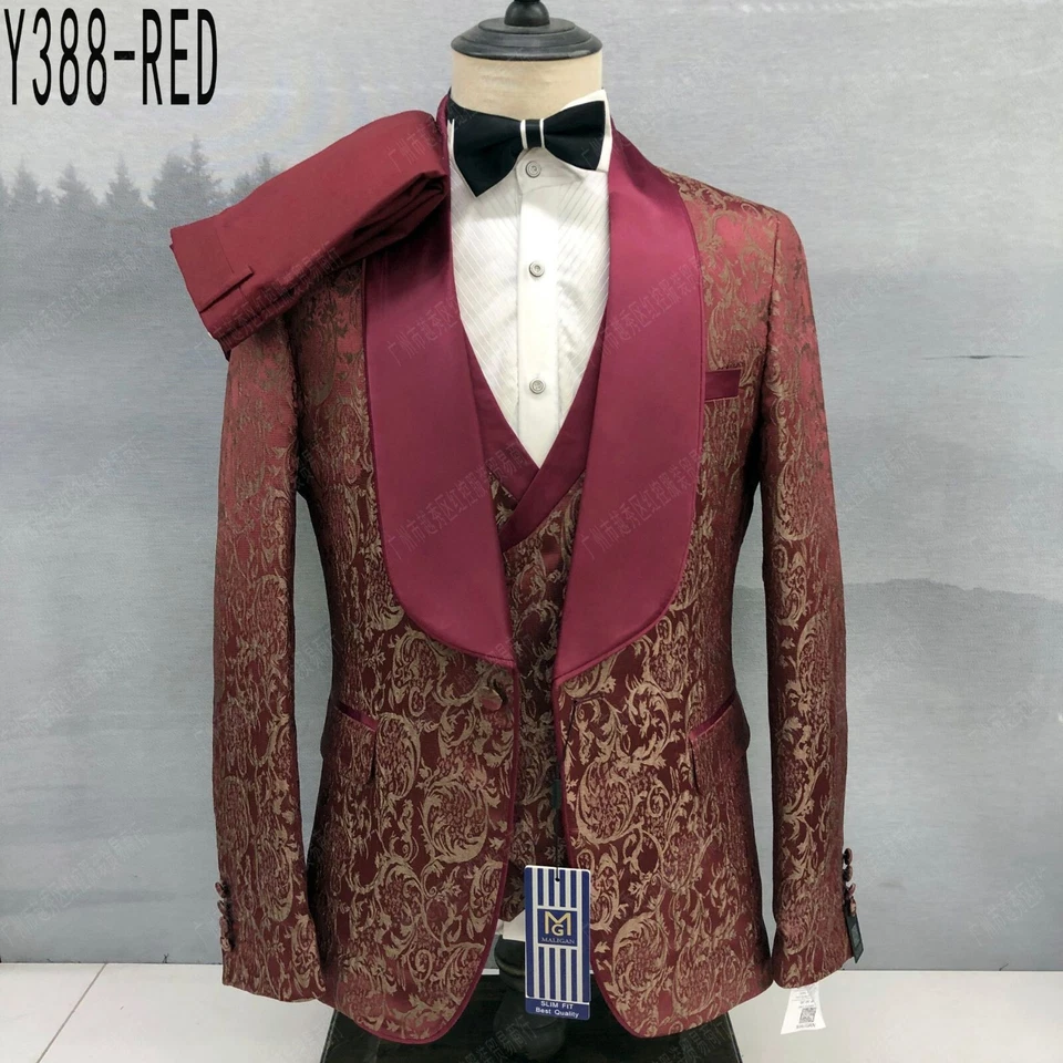 Trajes de cachemira de negocios para hombres conjuntos de 3 piezas calce ajustado formal graduación chal solapa esmoquin Foto 4 de 4