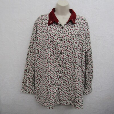 Bobbie Brooks Top Blouse Shirt Women's 22/24W White Red Maple Leaf Long Sleeve
