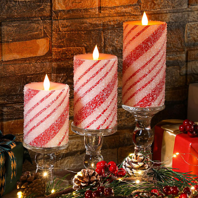 3 Pcs Candy Cane Stripe Flameless LED Candle (6 Inch) Christmas Candles with Red