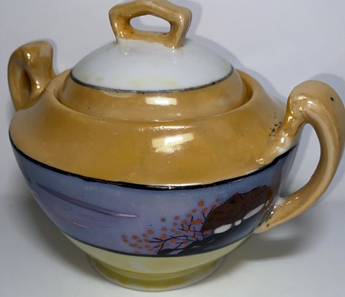 Sugar Bowl Made In japan hand painted Lusterware Cherry Blossom Thatched Hut 5” - Picture 8 of 10