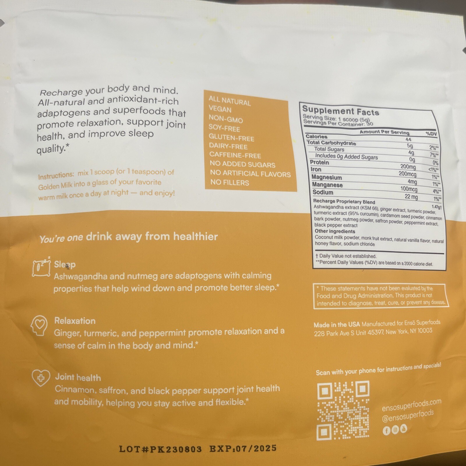 Enso Superfood Golden Milk Whole Food Dietary Supplements 30 Day Supply