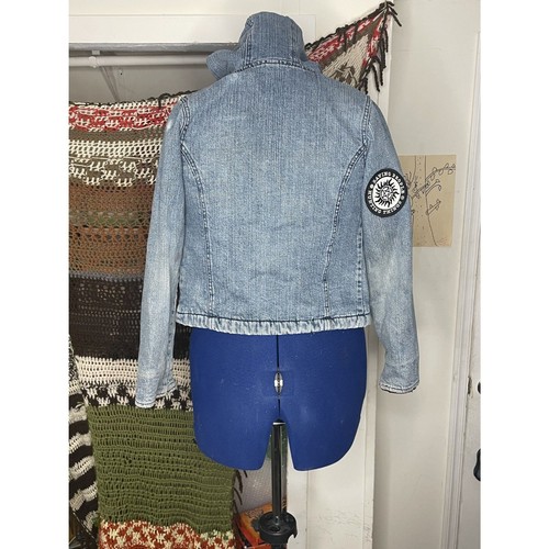 Vintage Lee Denim Jacket Boys Medium Blue Fur Lined Patch Logo Hooded Full Zip - Picture 2 of 8