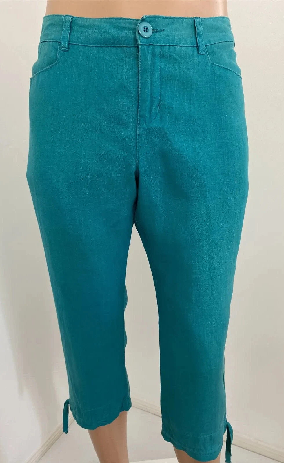 Capture 8-10 Emerald Green Pure Linen Cropped / Capri Pants Pockets Casual