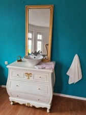 BADMÖBEL-SET KOMMODE & WASCHTISCH SPIEGEL HOLZ WEISS-GOLD SHABBY-LOOK 