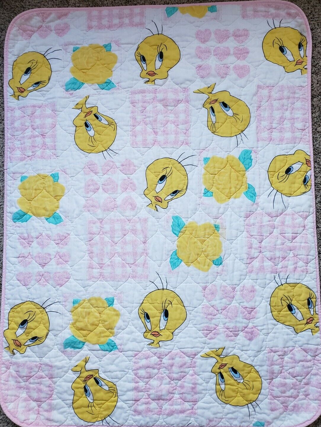 Vtg 1997 Tweety Bird Baby Blanket Looney Tunes Quilt Pink Hearts Yellow Flower