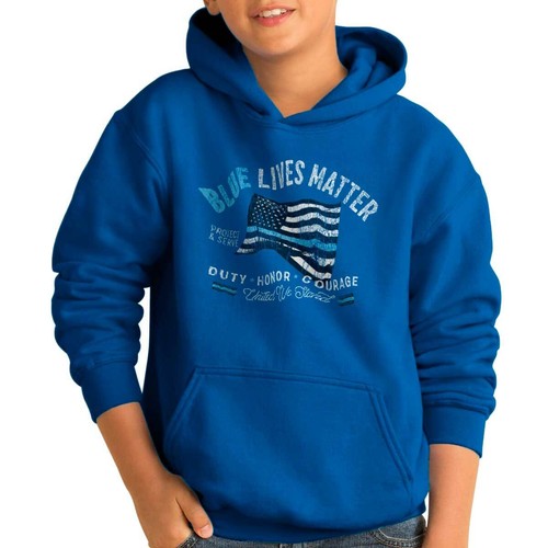 Blue Lives Matter American Flag Police Duty Youth Hooded Sweatshirt Boy or Girl - Picture 1 of 7