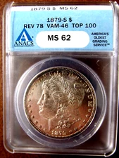1879-S Rev78 Silver Morgan Dollar VAM 46 ~ ANACS MS-62 "RARE EDGE TONED BEAUTY"