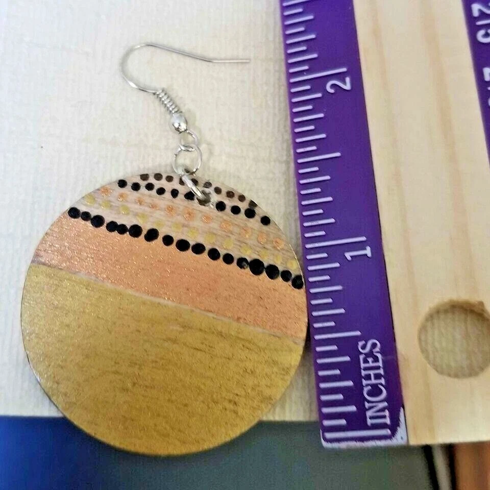 Retro Art Deco modern dots wood earrings lead nickel free gold black copper - Image 3 of 3