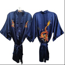 Vintage Asian 100 SILK Robe Kimono Sz S Embroidered Dragon Fire Smoking Orient