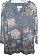 NWT 💥💎ALFRED DUNNER💎💥 SCOTTSDALE 3/4 Sleeve Embellished Floral Border Top S