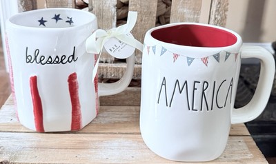 NEW Rae Dunn BLESSED & AMERICA 4th Of July   Patriotic Stripes Stars USA Mugs