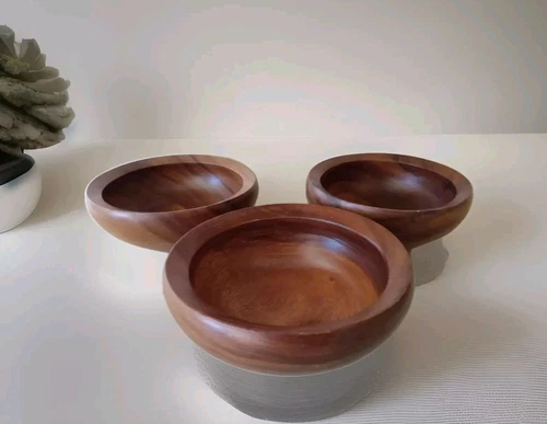 🥗Vintage Set Of 3 DANSK Macy's Mid Century Acacia Wood Wooden 6.75" Salad Bowls