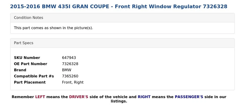 BMW 435I Gran Coupé 2015-2016 - regulador de ventana delantera derecha 7326328 Foto 3 de 4