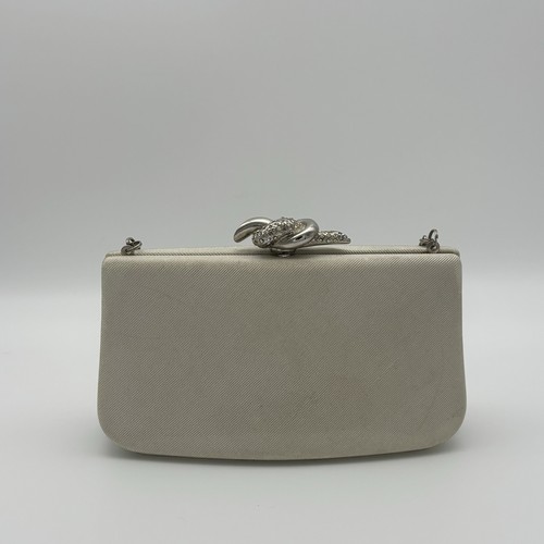Rodo Italy Ivory Satin Clutch Evening Bag Rhinestone Knot Clasp Chain Strap