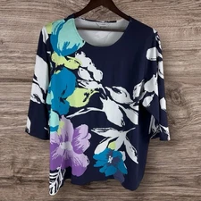CJ Banks Size 3X Knit Top Pullover 3/4 Sleeve Navy Blue Tropical Floral