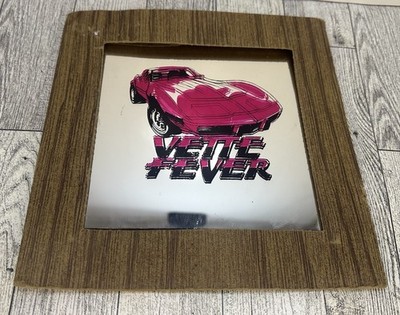 Vintage VETTE FEVER Carnival Prize Glass Mirror Tile Print Corvette Car 8x8''