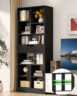 Tall 8-Tier Bookshelf with Drawer, 73.6'' Space-Saving Storage, Black