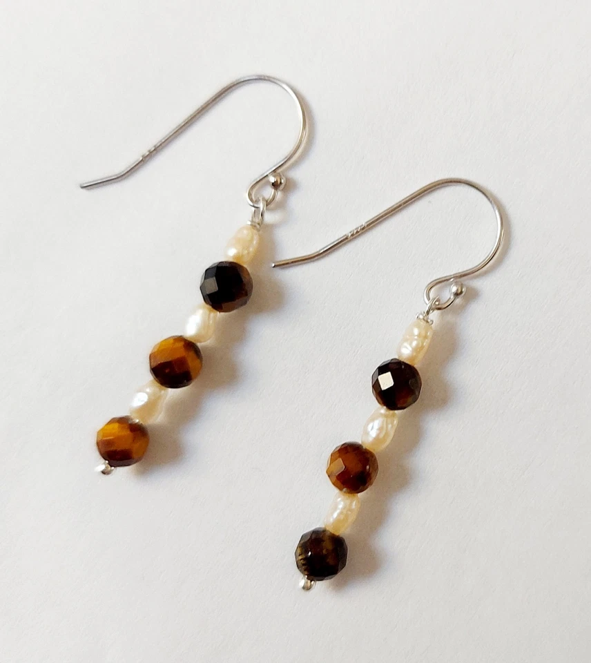 Orecchini pendenti in argento 925 con pietre occhio di tigre e perle idea natale - Immagine 4 di 4