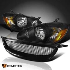 Fits 2003-2008 Toyota Corolla Black Headlights+Black Front Mesh Hood Grille