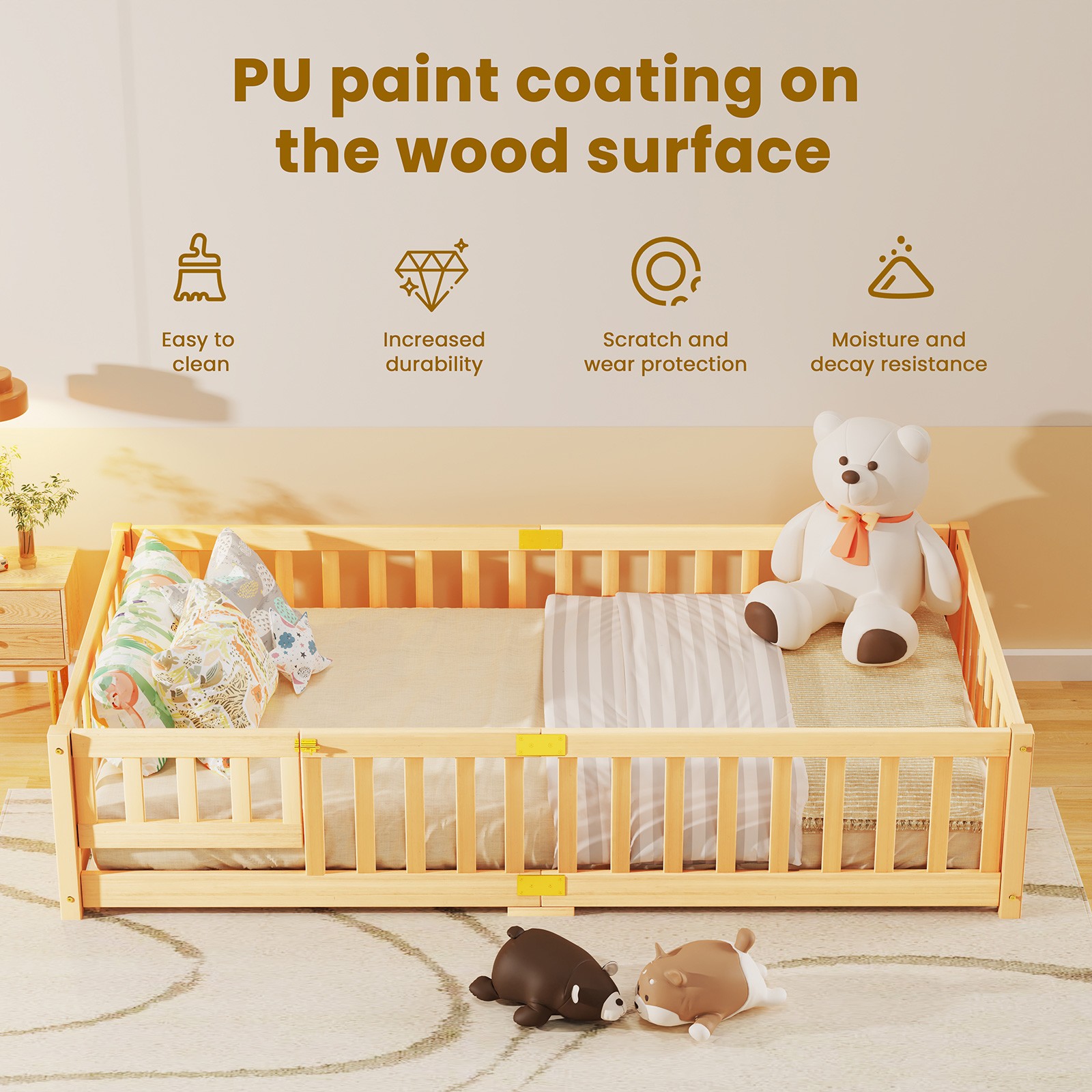 Safe Low-Profile Montessori Toddler Bed with Door Frame and Wooden Slats.