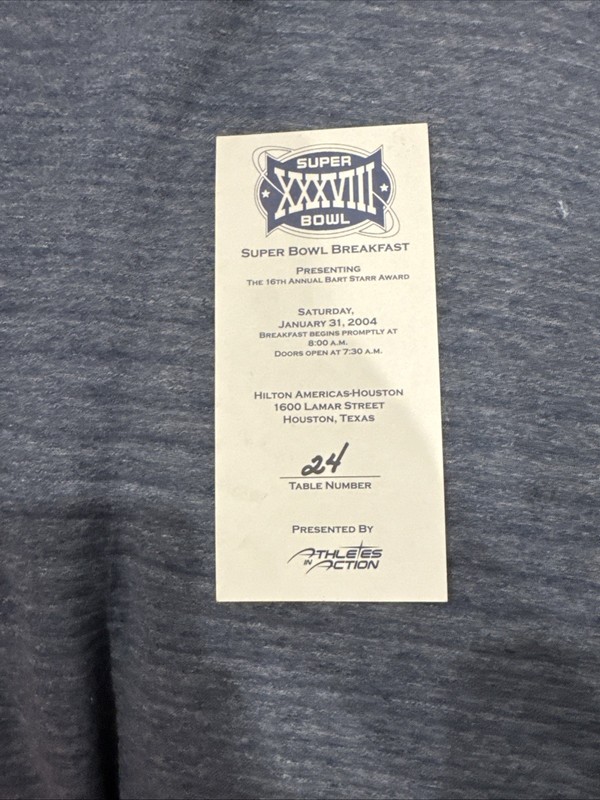 2004 Super Bowl Breakfast Table Card And Game Program 38 Bart Starr Award Brady