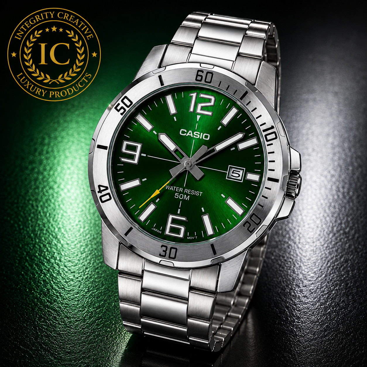 Men's Casio Japanese Quartz Diver Watch Green Dial 45mm Genuine Silver Stainless