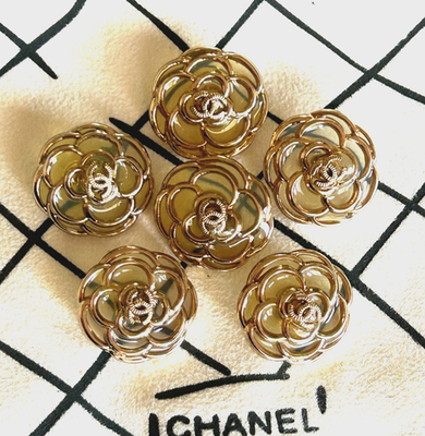 Vintage CHANEL Camellia Flower with Clear Gold Metal Button 25 mm