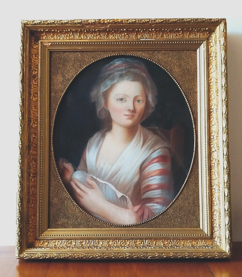 pastel ancien grand portrait de jeune fille du 18ème siècle dans son cadre doré - Photo 2/3