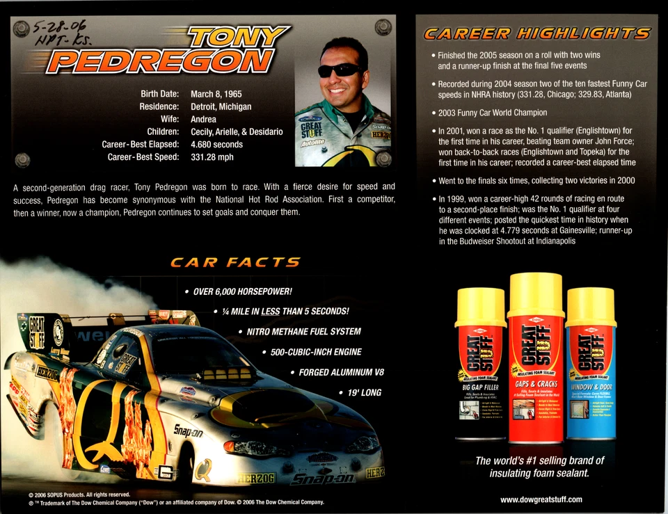 Cartulina NHRA Tony Pedregon 2006 firmada a mano 8,5x11 Nitro divertido coche grandes cosas Foto 2 de 2