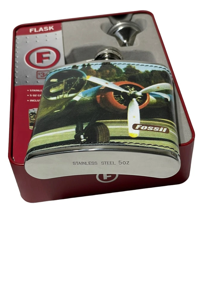 Frasco de barra fóssil 5 oz com funil, couro genuíno, avião de aço inoxidável - Imagem 3 de 3