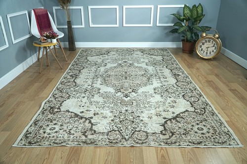 Wool Woven Vintage Turkish Rug, 6x10 Beige Area Rug, 6.10x9.55 ft H-2791
