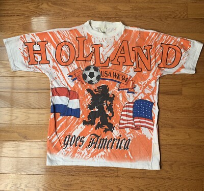 Vintage 90's Soccer World Cup Holland VS USA AOP Orange T shirt