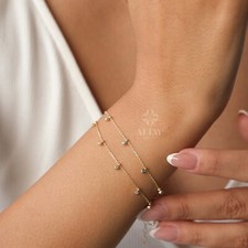 14K Gold Dangling Beaded Bracelet, Bezel Stone Station Bracelet, Colorful